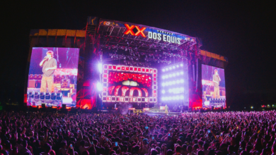 Nighttime outdoor concert with a huge illuminated stage and a dense crowd watching a performance.